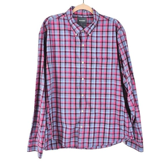 Bonobos Slim Fit Mens Button Down Long Sleeve Shirt Size XXL Blue Pink Plaid - Picture 1 of 11